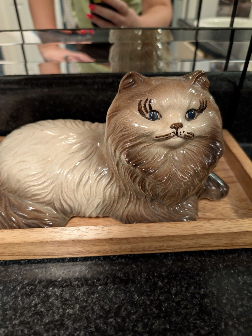 Ceramic Cat Figurine - Brown & Cream Decorative Pet Statue Vintage